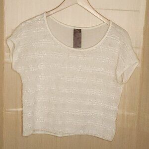 Wallpapher Womens Cropped Cream Short Sleeve Eyelash Sweater Medium